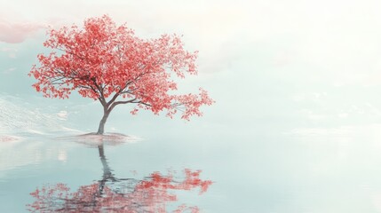 Pink blossom tree reflected in water