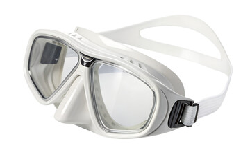 Close up of a diving mask with clear lenses and strap detail isolated on transparent background.