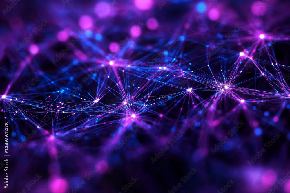 Poster Abstract image of interconnected glowing lines and nodes in purple and blue hues, suggesting a network or connection, ideal for technology or science concepts
