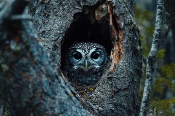 Obraz premium Boreal owl peering from its nest home in a forested area during daylight, Boreal owl (Aegolius funereus) looking out of nest hole