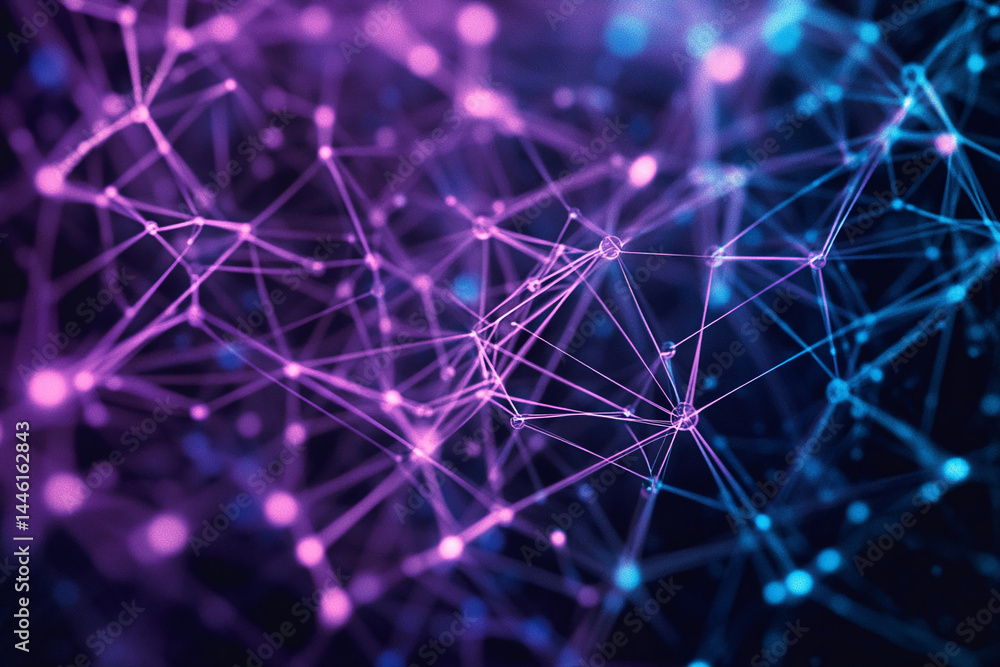 Poster Abstract image of interconnected nodes and lines in purple and blue hues, creating a network visualization, symbolizing connection, technology, and communication