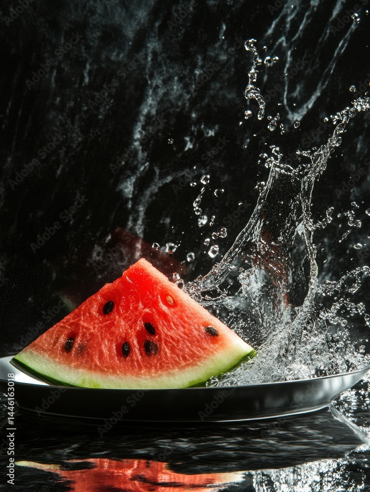 Poster refreshing watermelon slice alongside a dynamic water splash in a lively and vibrant setting