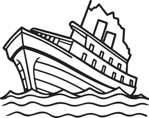 wrecked ship line art, black outline, vector and illustration, coloring book page line art drawing