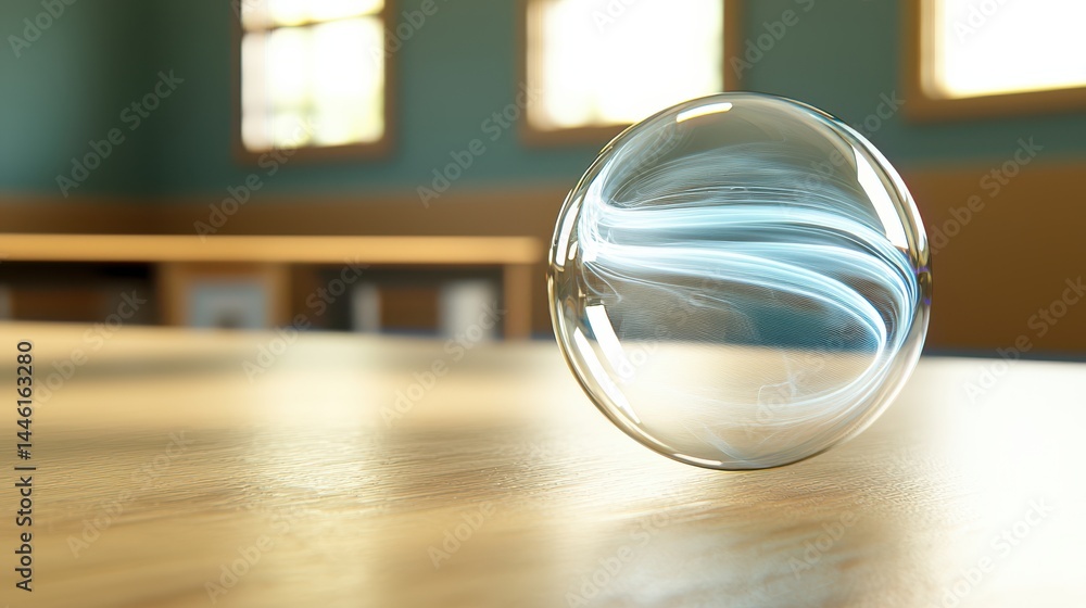 Poster dynamic glass sphere experiment modern classroom 3d visualization indoor setting close-up perspectiv