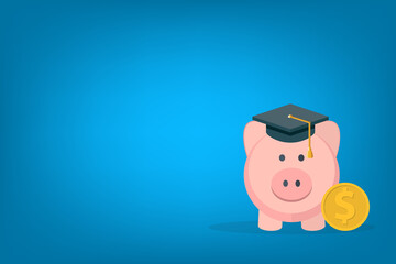 Graduation cost, expensive education, scholarship loan budget, education savings and investment concept. Piggy bank in flat design.