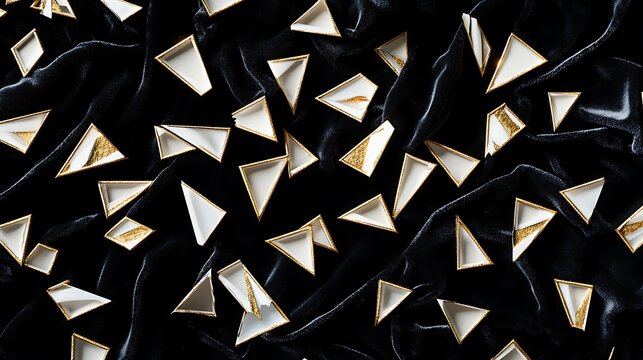 White letters with golden edges scattered on matte black velvet, luxurious and moody contrast,