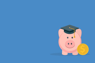 Graduation cost, expensive education, scholarship loan budget, education savings and investment concept. Piggy bank in flat design.