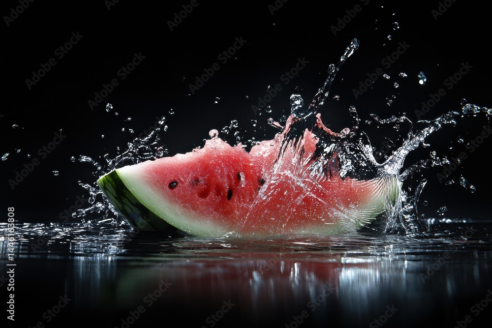 Poster dynamic splash of water surrounds a fresh watermelon slice creating a lively and refreshing visual e