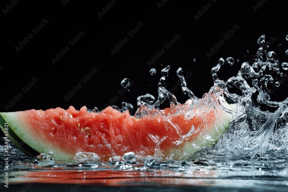 Poster refreshing splash of water behind watermelon slice in dynamic and lively composition showcasing raw 