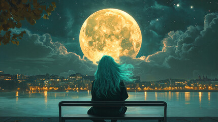 Woman with teal hair sits on bench, gazing at large yellow moon over illuminated city skyline and waterÂ Reflects solitude, contemplation, and nighttime beauty