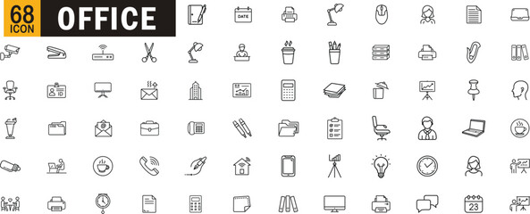 Office editable outline icon set. Work document laptop chart coffee printer and more.