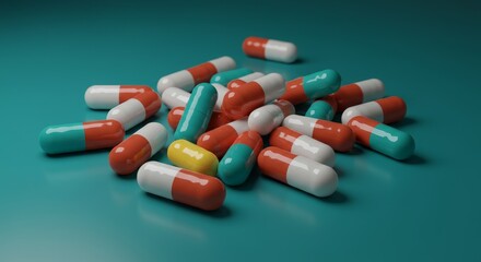 Capsules and Tablets on Teal Background - A scattering of colorful capsules and tablets rests on a teal surface, symbolizing healthcare, medicine, pharmacy, treatment, and wellness