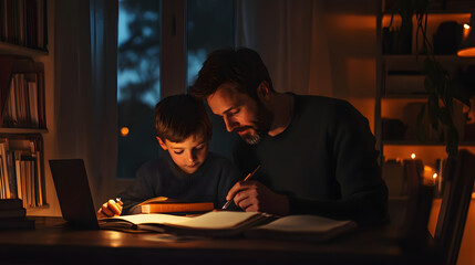 The Guiding Light of Learning: A tender moment of fatherly guidance, as a father assists his son with his homework, creating a warm and intimate learning environment filled with light and care.