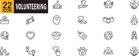 Volunteering outline icon set. Charity, donation, compassion, support, community help, and nonprofit care.