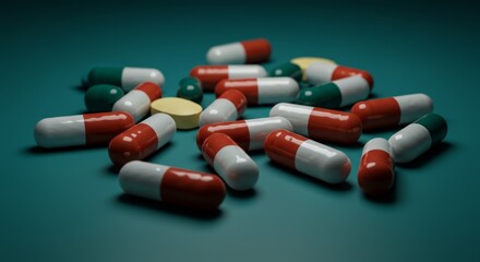Capsules and Tablets on Teal Surface - A scattering of red and white capsules, along with some green and yellow tablets, rests on a teal background. The symbolizes medicine, health, treatment