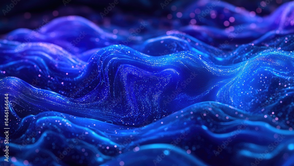 Poster abstract swirling, undulating forms in deep blue and purple, with shimmering particles. fluid, dynam