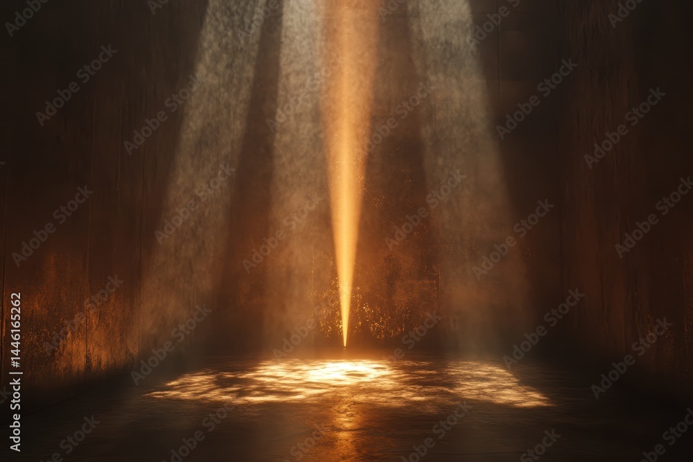 Poster light breaks through a mysterious chamber illuminating the central point of a dark universe, a beami