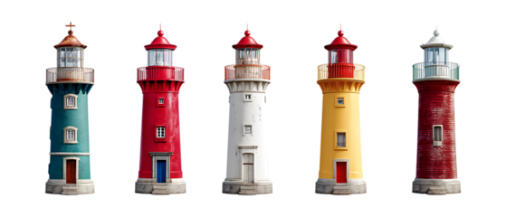 Pack of Lighthouses Against Transparent Background for Coastal Design, Nautical Illustrations, or Travel Projects