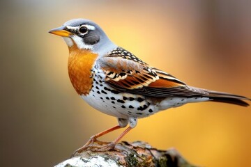 Obraz premium Fieldfare Turdus pilaris perched on a branch in autumn foliage showcasing vibrant plumage, Fieldfare Turdus pilaris is a member of the thrush family Turdidae