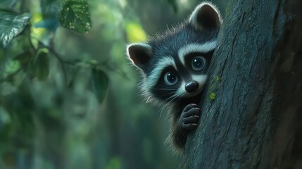 Fototapeta premium Raccoon peeking from behind a tree