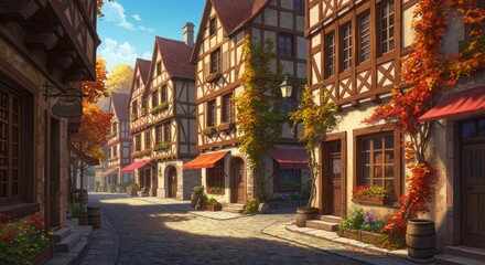 Fototapeta premium Charming Autumn Street in a Medieval Village - Cobblestone street lined with quaint medieval buildings