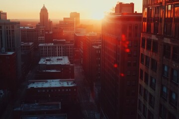 Close up view of Louisville downtown buildings illuminated by sunset glow, Close up of Louisville downtown buildings with gorgeous sunrise cresting horizon aerial video