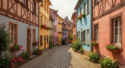 Fototapeta premium Charming Cobblestone Street in Europe - Colorful buildings line a quaint cobblestone street, adorned with vibrant flowers. A picturesque European scene