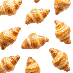 Aerial view of freshly baked croissants arranged on a transparent background for a delightful treat, Aerial view of multiplea delicious croissant on transparent background