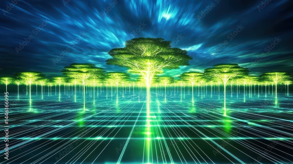 Poster launch of watchirachat hyperreal ai future ecosystem labs in a luminous digital forest environment