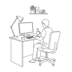 Home Office Workspace Illustration Featuring Person at Ergonomic Chair with Computer Monitor, Keyboard, Coffee Mug and Potted Plant on Shelf in Clean Line Art