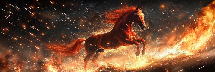 Fiery red horse galloping through a meteor shower with flames and falling stars in a dramatic nocturnal sky