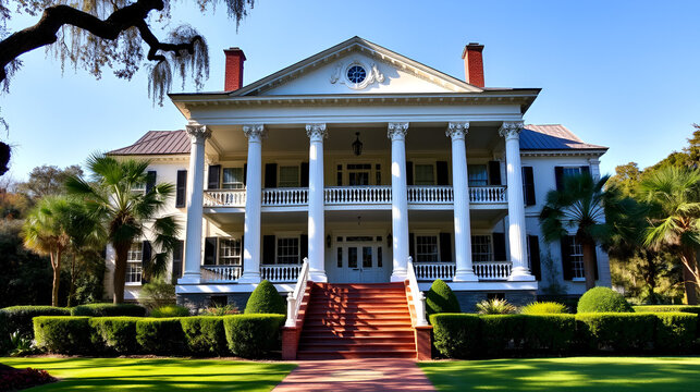A regal Southern plantation house, with its grand columns, sweeping verandas, and lush gardens, captures the romance and history of the antebellum South
