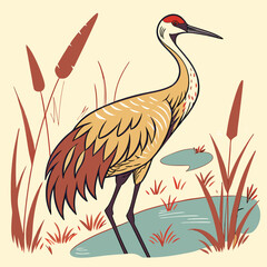 ​This vector artwork features a detailed illustration of the Sandhill Crane, a large North American bird known for its long legs, gray plumage, and distinctive red crown