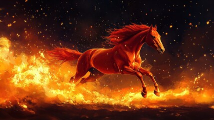 Fiery red horse gallops through a meteor shower with flames and falling stars illuminating the night sky in a dramatic display of natures power