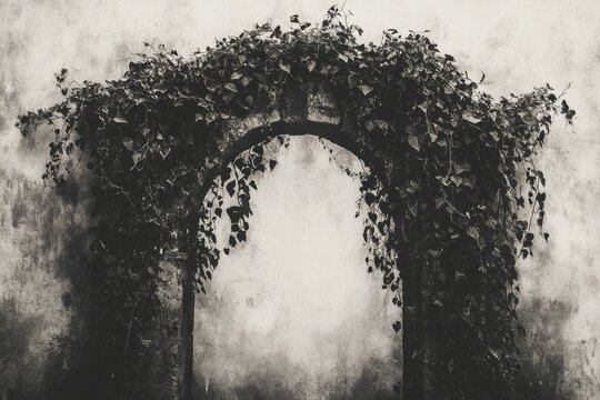 Overgrown stone archway, shrouded in ivy, evokes mystery and forgotten pathways.