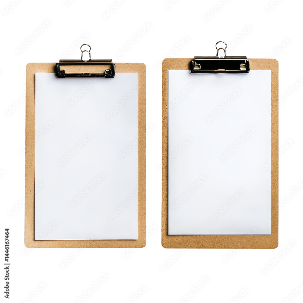 Poster two empty clipboards with and without paper sheets placed on a clean surface for organizational use,