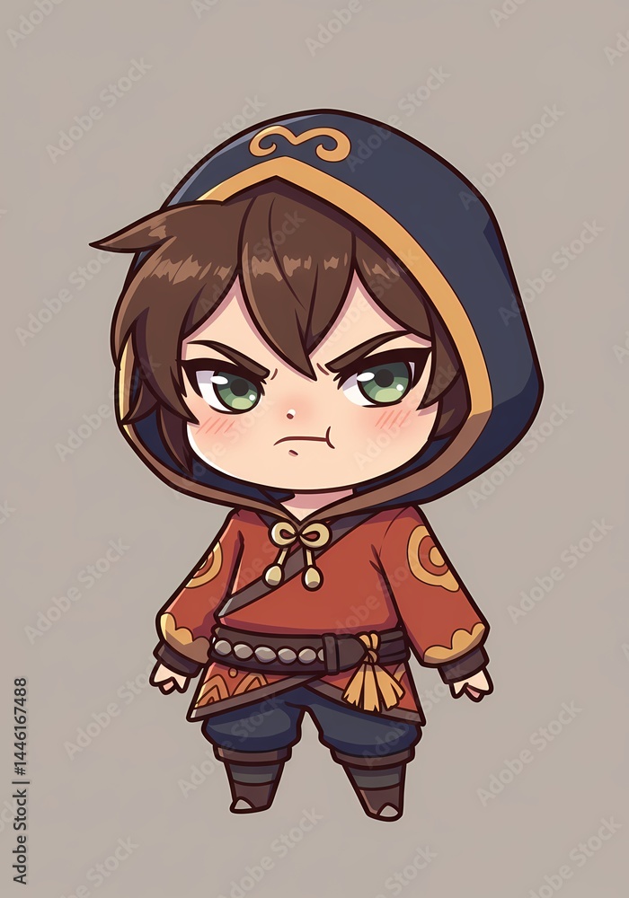 Poster chibi hooded character illustration displaying detailed clothing and a subtle expression suitable fo