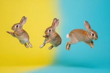 Fototapeta premium Rabbits jumping gracefully on a vibrant yellow-blue backdrop in playful motion, rabbits jump on a yellow-blue background