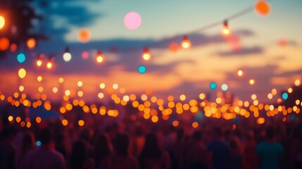 Summer festival with colorful lights at sunset, crowded atmosphere, space for text