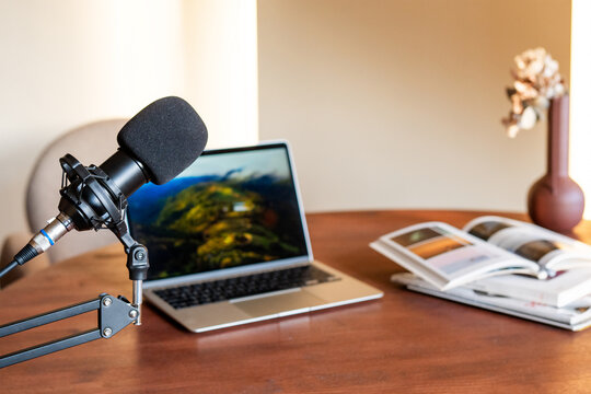 Podcast recording setup for educational interview focused on training and information sharing held in a modern workspace