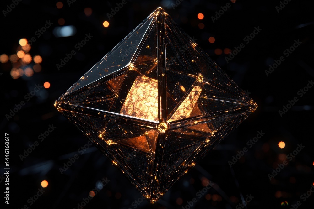 Poster floating geometric ai core with crystalline structure glowing against a dark minimalistic background