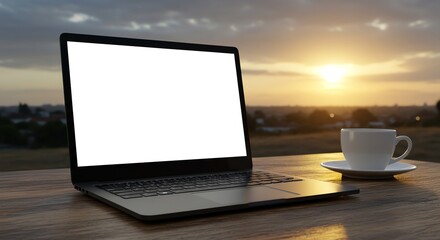 Fototapeta premium Laptop at Sunset: Serene Workspace with Blank Screen