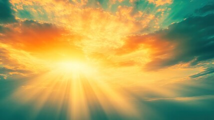 Vibrant sunset rays pierce cloudscape, nature's beauty, atmospheric background