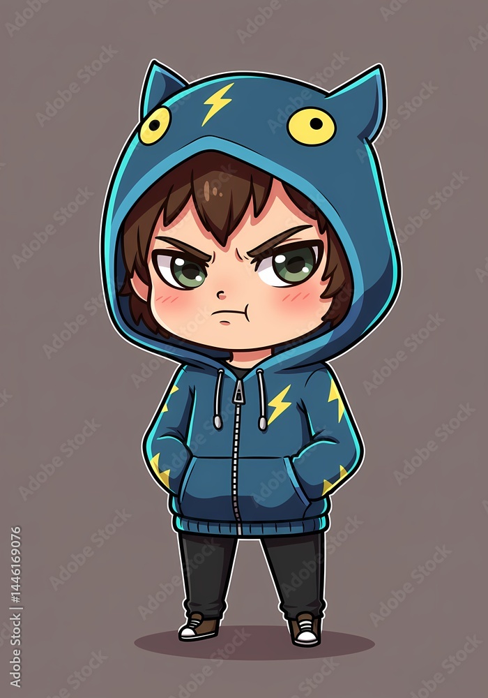 Poster captivating chibi character with thunderstorm hoodie: a blend of mischief and charm in dynamic digit