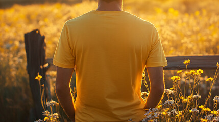 Back view of person wearing yellow shirt in sunlit field of flowers, showcasing blank apparel mockup for design or branding, representing summer, freedom, and nature