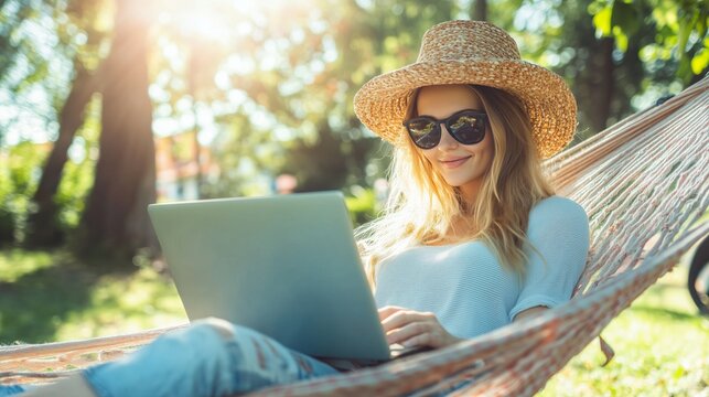 Young woman relaxing in a hammock with laptop outdoors, bright sun flares, space for text