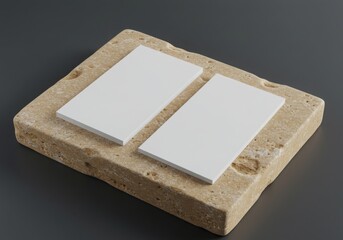 Two rectangular cards resting atop a textured stone platform isolated on gray background