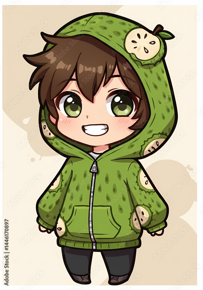 Aufkleber chibi-style artwork of a boy with a distinctive green fruit hoodie, playful expression and detailed 
