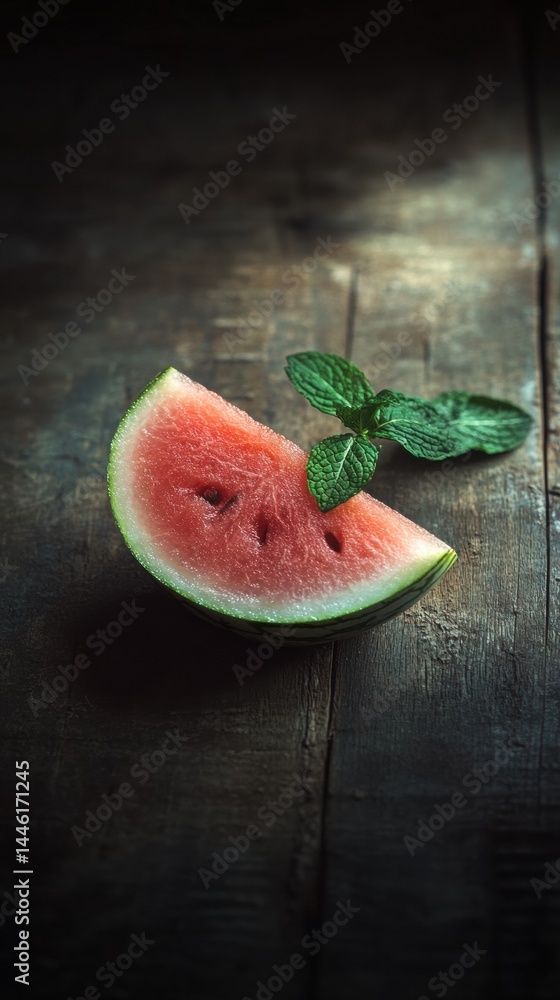 Poster fresh watermelon slice garnished with mint leaves on rustic wooden table with soft light creating a 