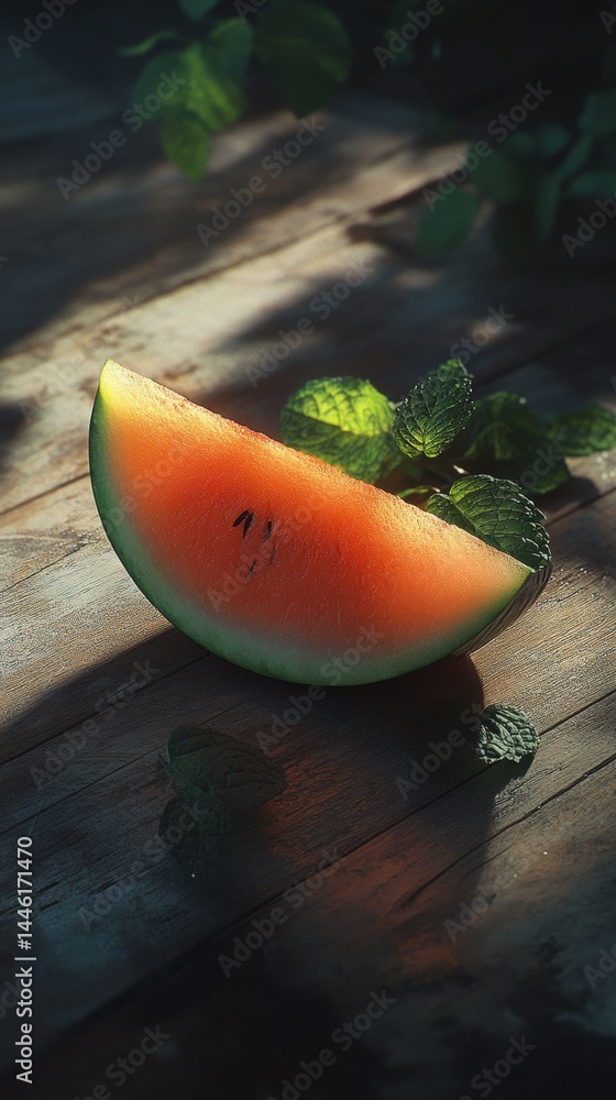 Poster fresh slice of watermelon with mint leaves on rustic wooden table in soft light creating a refreshin